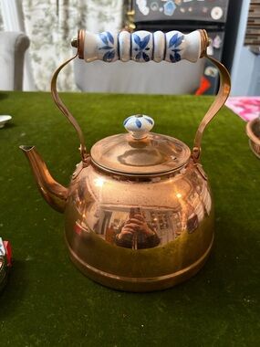 Copper Stovetop Kettle with Blue Floral Ceramic Handle and Knob